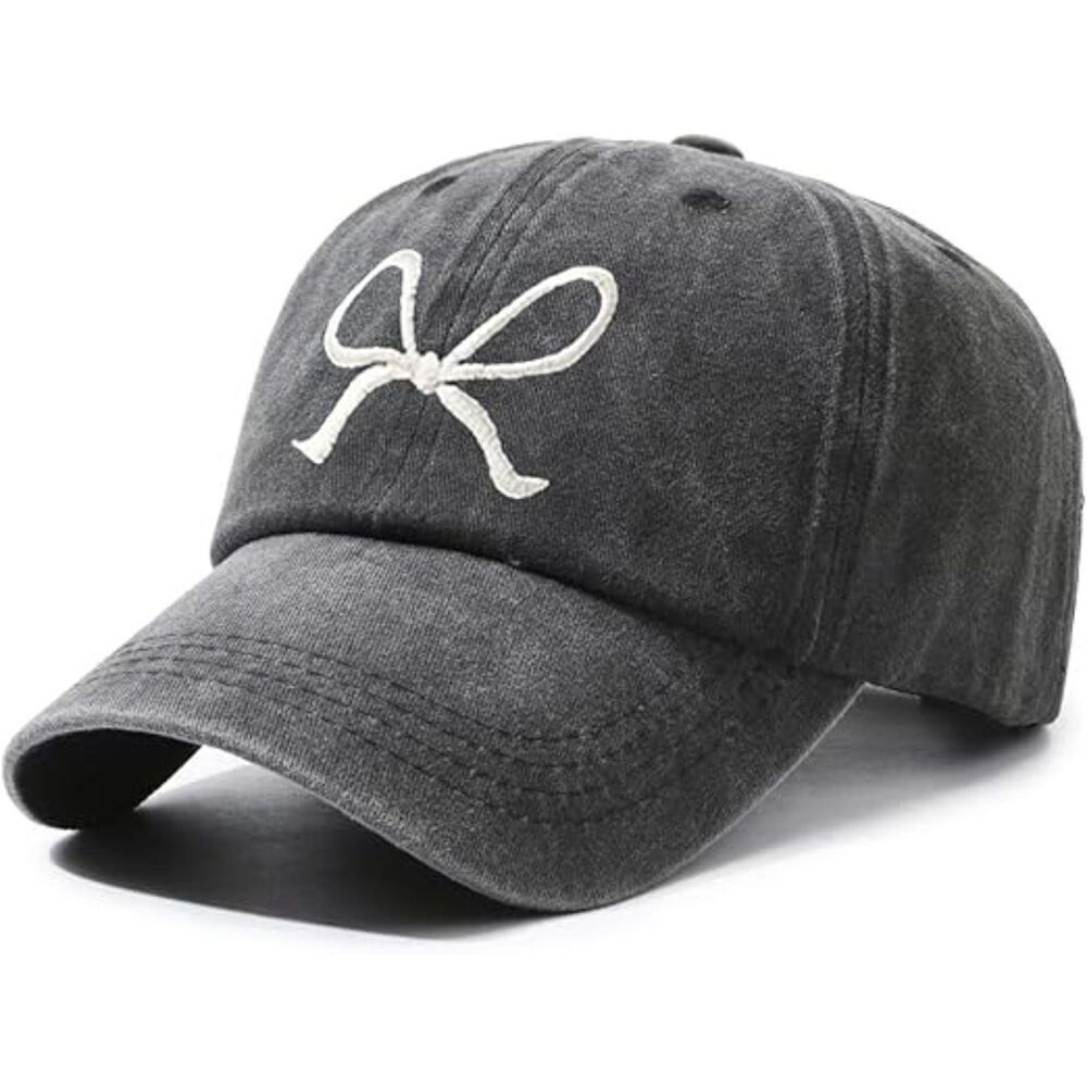 Unisex Black Washed Embroidered Bow Tie 100% Cotton Adjustable Fit Baseball Cap